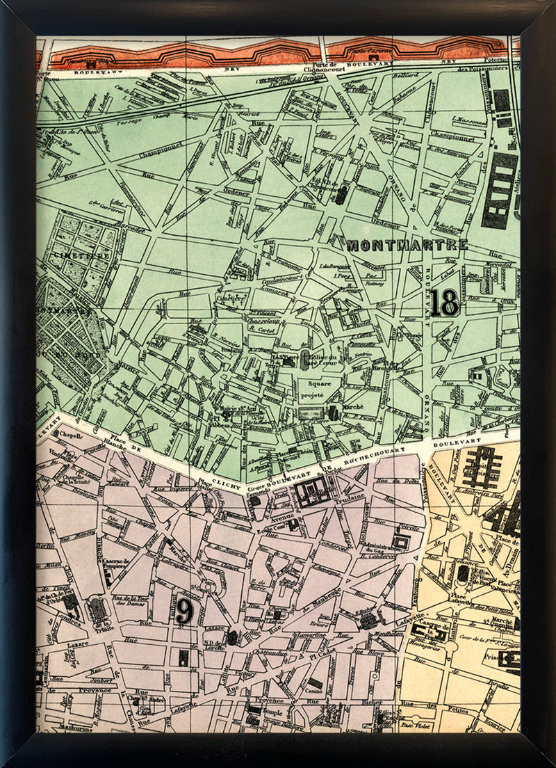 Map of Paris 9th and 18th Arrondissement Close Up. Mini Print