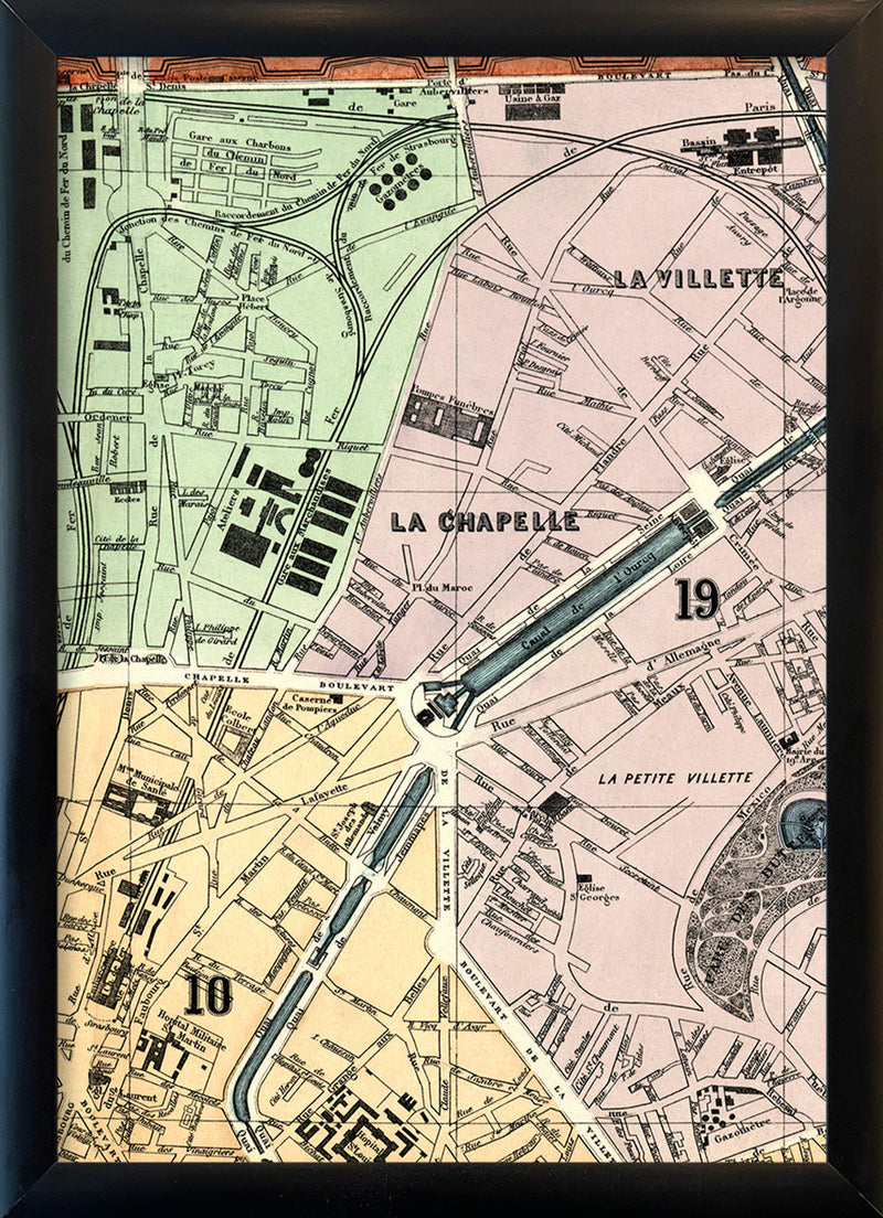 Map of Paris 10th and 19th Arrondissement Close Up. Mini Print