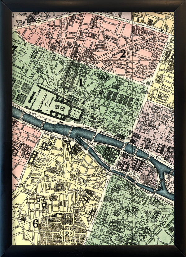 Map of Paris 1st, 2nd and 6th Arrondissement Close Up. Mini Print