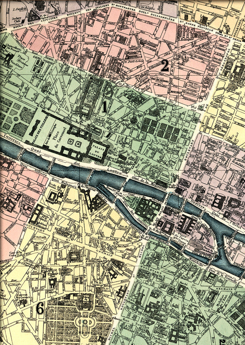 Map of Paris 1st, 2nd and 6th Arrondissement Close Up. Mini Print