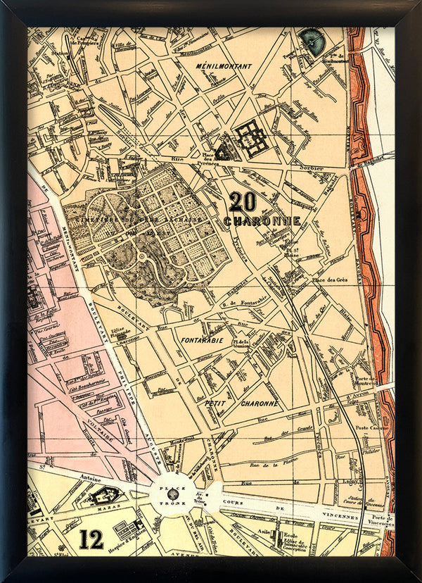 Map of Paris 12th and 20th Arrondissement Close Up. Mini Print