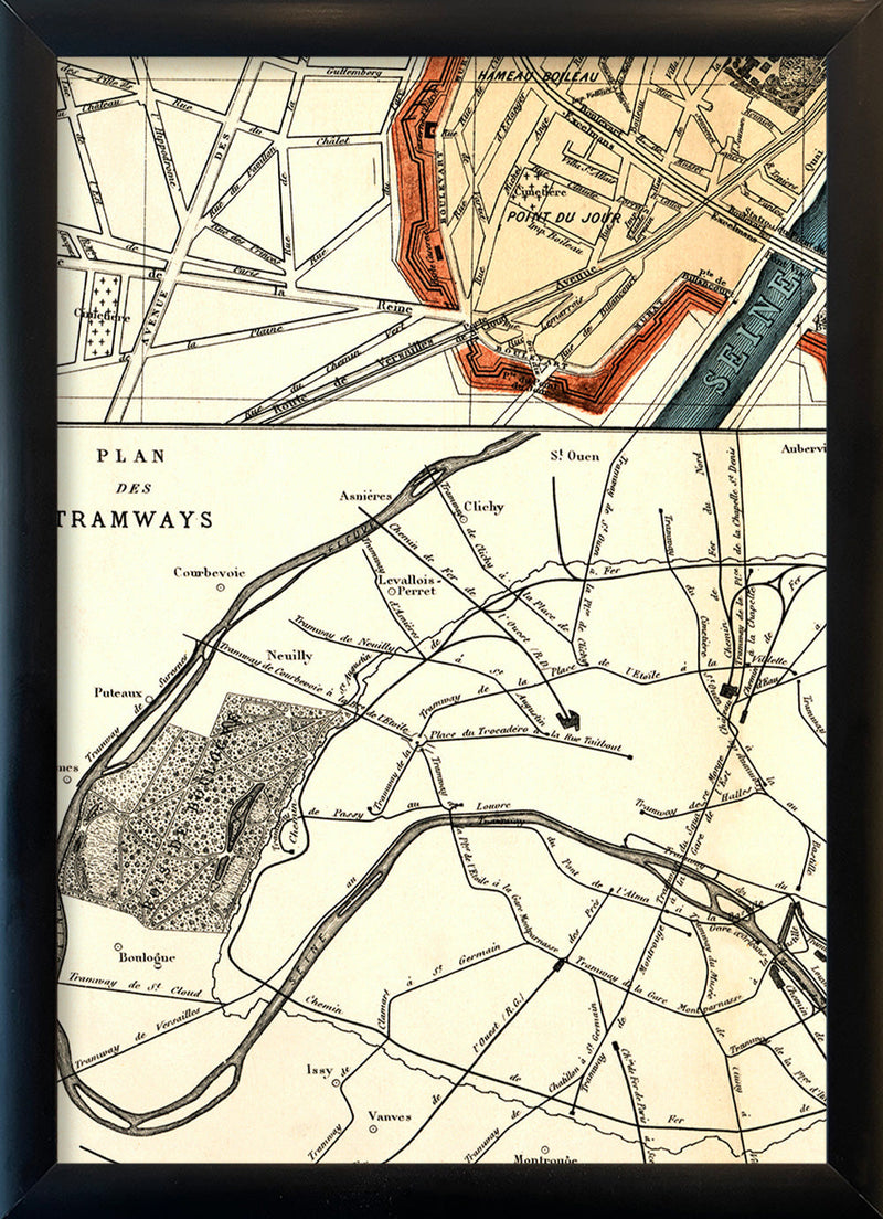 Map of Paris Plan des Tramways Close Up. Mini Print