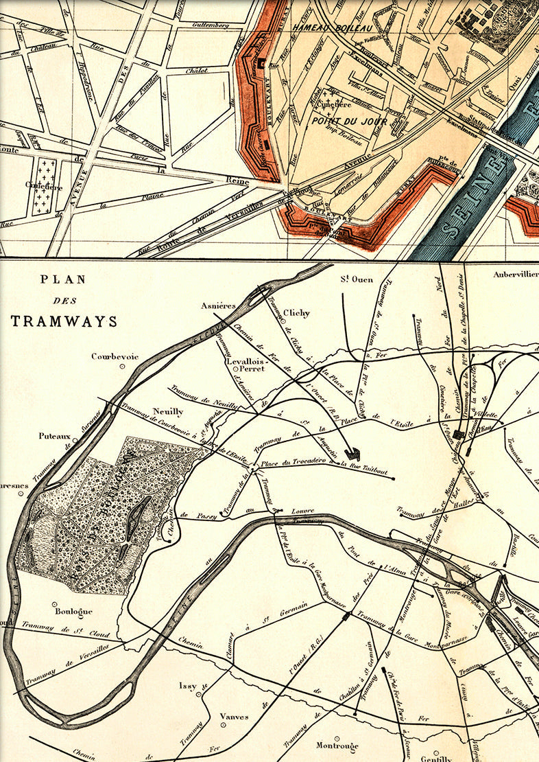 Map of Paris Plan des Tramways Close Up. Mini Print