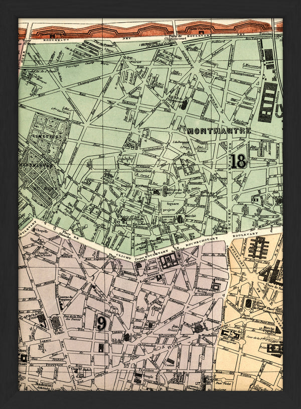 Map of Paris 9th and 18th Arrondissement Close Up. Mini Print