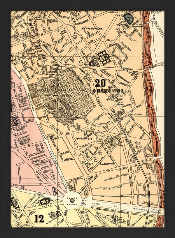 Map of Paris 12th and 20th Arrondissement Close Up. Mini Print