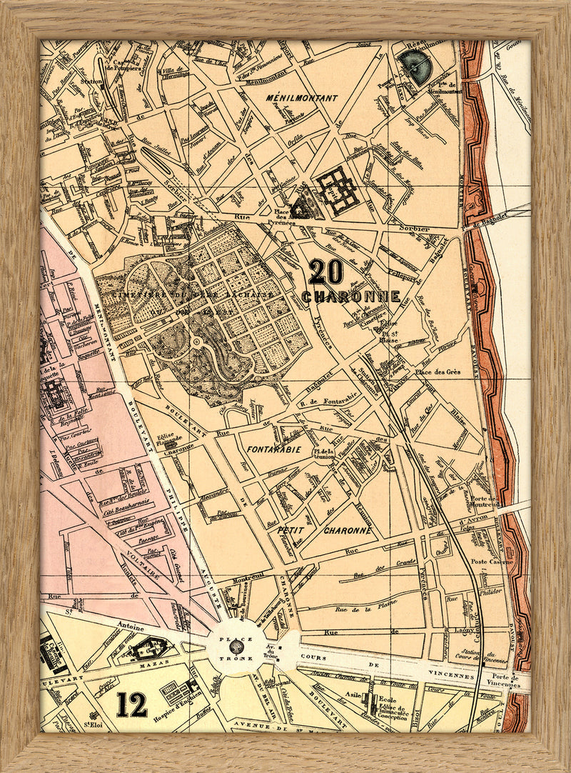 Map of Paris 12th and 20th Arrondissement Close Up. Mini Print