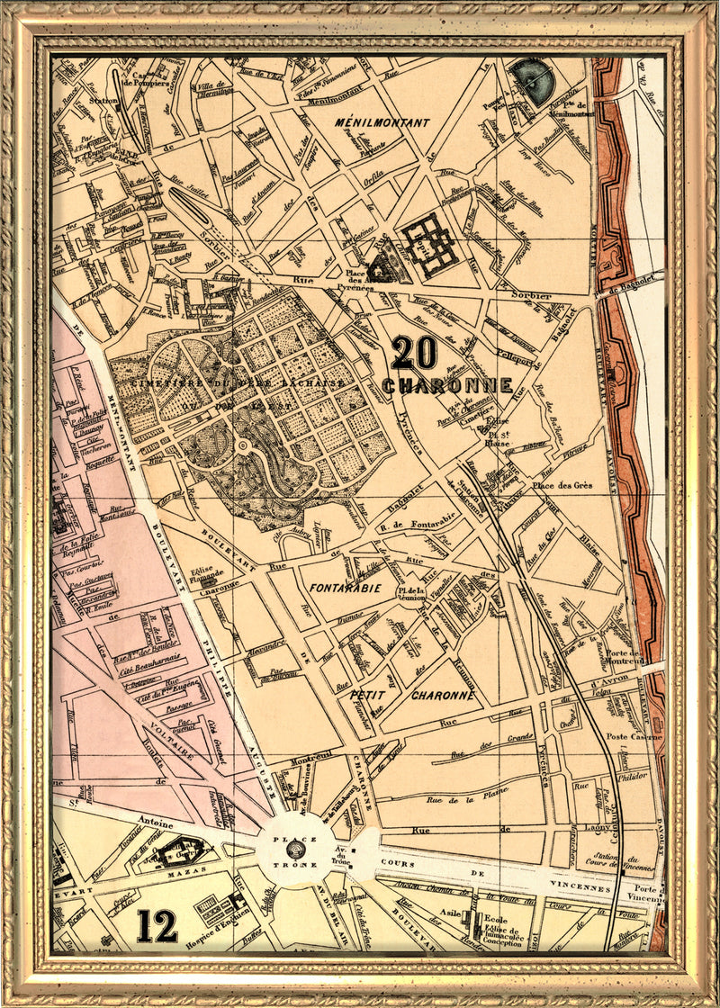 Map of Paris 12th and 20th Arrondissement Close Up. Mini Print