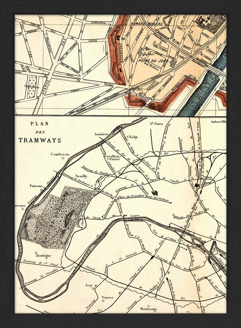 Map of Paris Plan des Tramways Close Up. Mini Print