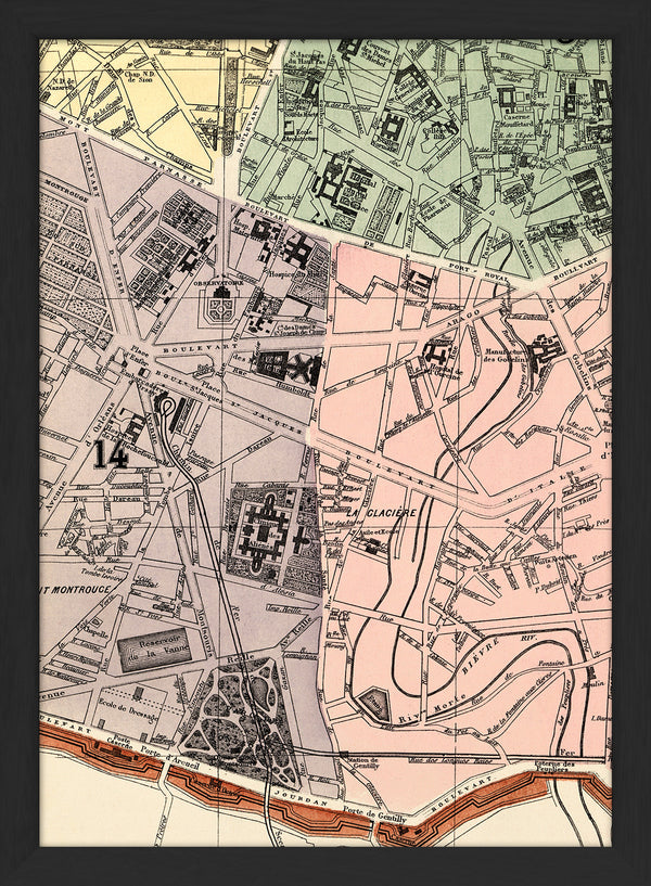 Map of Paris 14th Arrondissement Close Up. Mini Print